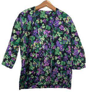 Handmade Women Jacket Sz M 3/4-Slv Black Purple Grapes Lightwt Unlined Pocket